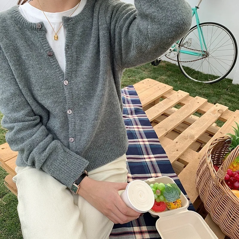 Autumn Korean Fashion Elegant Sweaters 90s Cardigan O Neck Purple Grey y2k Loose Oversize Sweater Women Argyle Cardigans 2023