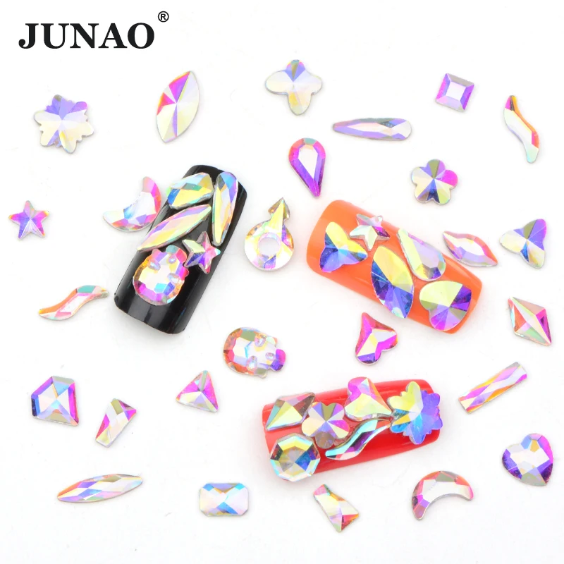 JUNAO 50pcs 5mm Glitter AB Crystal Glass Star Rhinestone Flat Back Nail Art Decoration Crystal Stones Sticker Non Hot Fix Strass