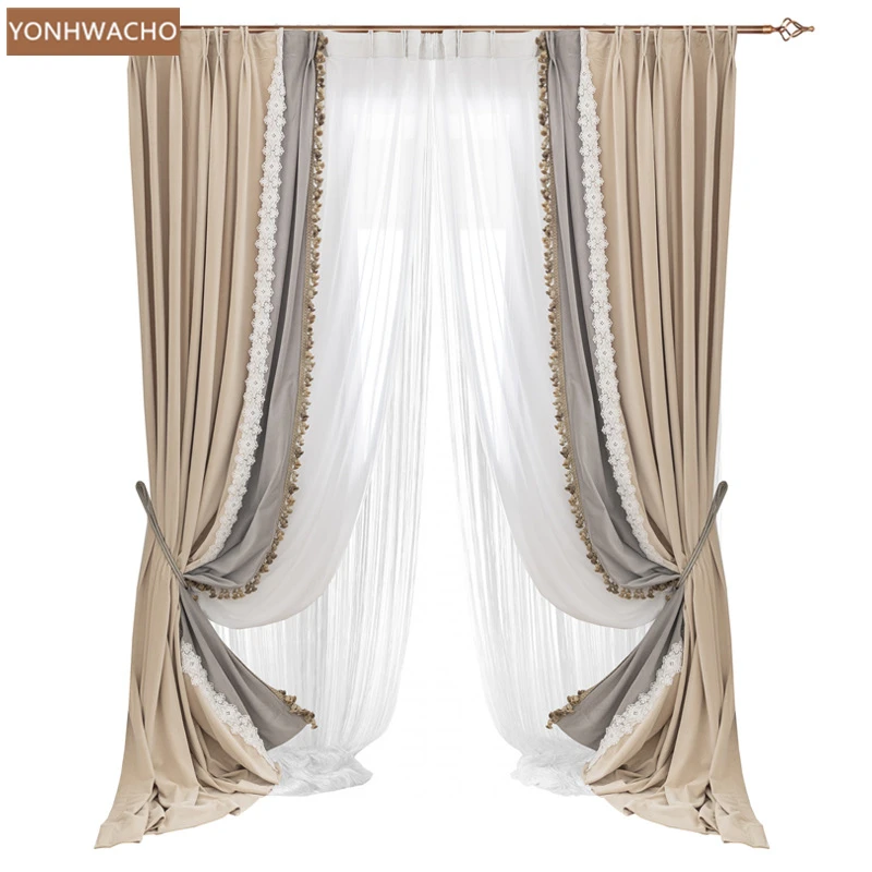 Custom curtain villa American imitation silk precision fabrics lace beige  cloth blackout curtain tulle panel C724