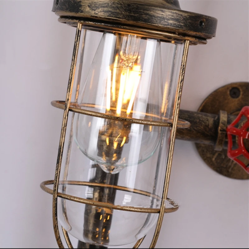 Modern Industry Loft Retro Iron Water Pipe Wall Lamp For Cafe Restaurant Imitation Bird Cage Explosion-Proof Glass Aisle Lights