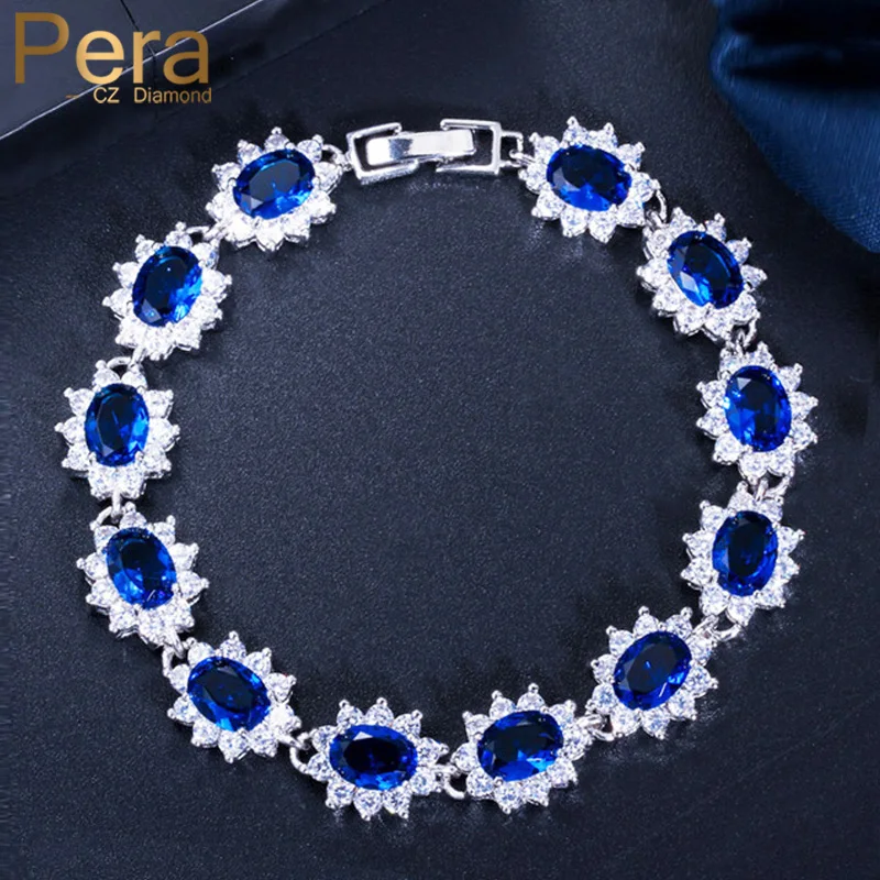 Pera Vintage Royal Jewelry Silver Color Oval Blue Cubic Zirconia Flower Link Chain Bracelets for Women Christmas Party Gift B014