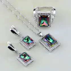 Natural Square Mystic Rainbow Fire White Zircon 925 Silver Jewelry Sets for Women Wedding Necklace/Earrings/Pendant/Ring