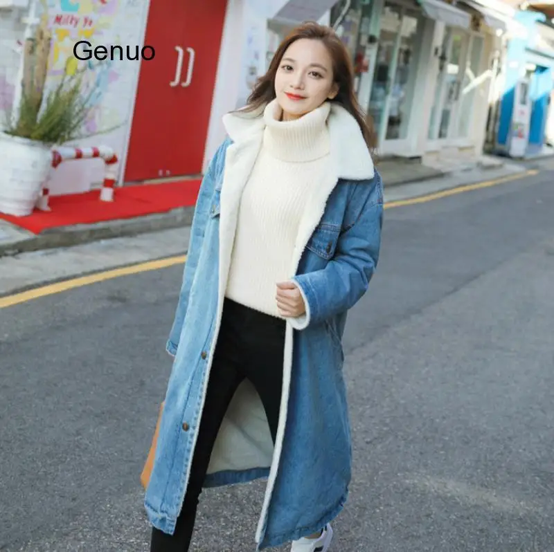 

2021 Women Basic Coat Winter Denim Jacket Women Warm Wool Lining for Women Jeans Jacket Female X-Long Denim Coat Chaqueta Mujer