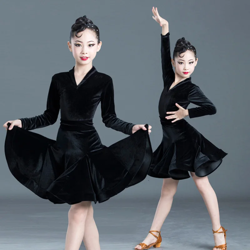 

Velvet long sleeve latin dance dress for kids girls competition ballroom kids tango salsa dance clothes practice wear cha