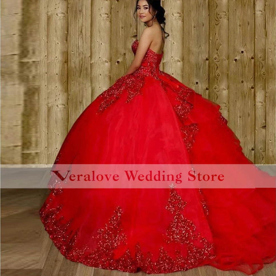 Veralove สีแดงเจ้าหญิง Quinceanera 2022 Sweetheart Sequins Lace Robe De Soirée De Mariage