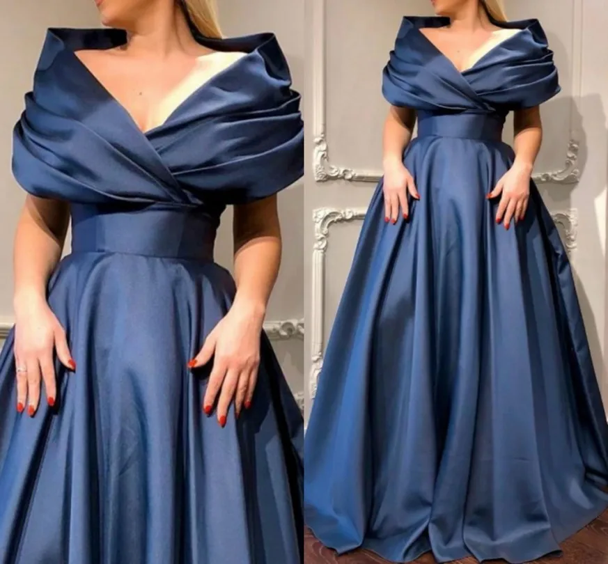 Elegant Dark Navy Satin Long Evening Dress V Neck Pleats Formal Party Gown Robes De Soirée Vestidos 2025 New Arabic Dubai