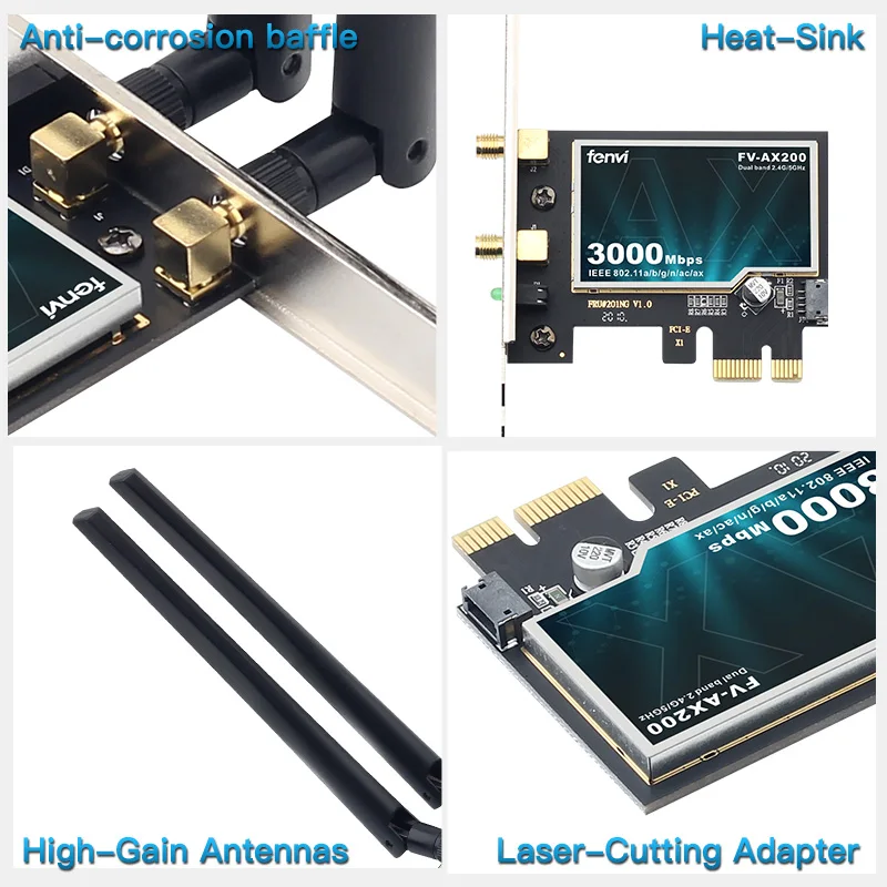 Adaptador de tarjeta WiFi inalámbrica, banda Dual de 3000Mbps, 2,4 GHz/5GHz, compatible con Bluetooth 5,1, 802, 11AC/AX, Intel AX200, PCIe, MU-MIMO