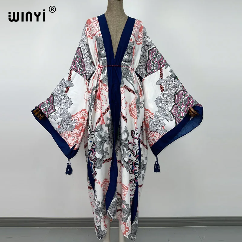 WINYI-Vestido largo bohemio de manga larga para mujer, traje elegante con estampado de Cachemira, cinturón, dobladillo grande, para playa, 2021