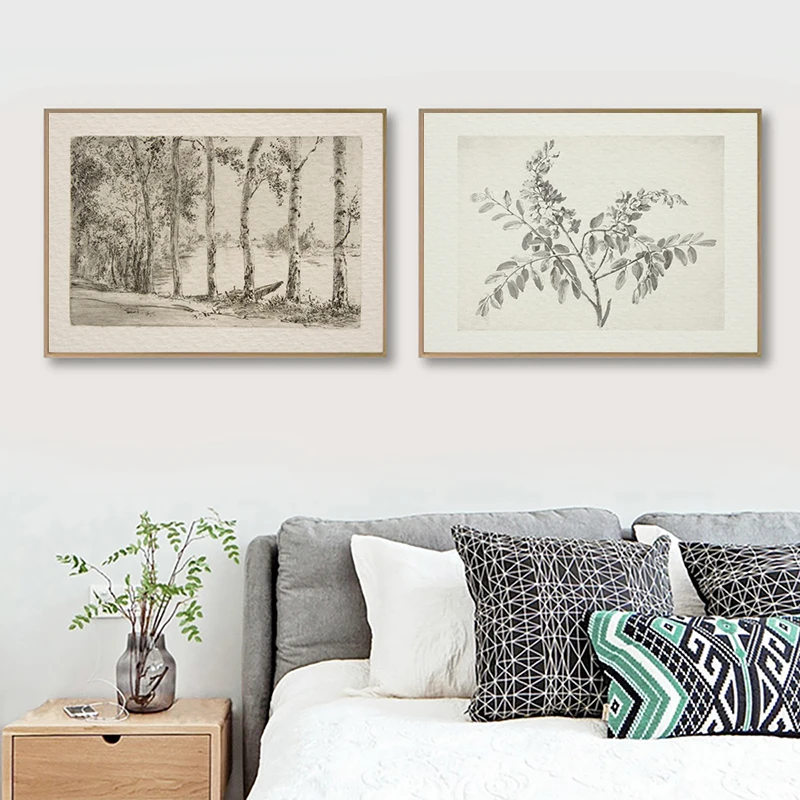 Vintage Birch Tree Sketch Art Prints Antique Botanical Drawing Canvas Poster Rustic Country Farmhouse Wall Painting Home Decor