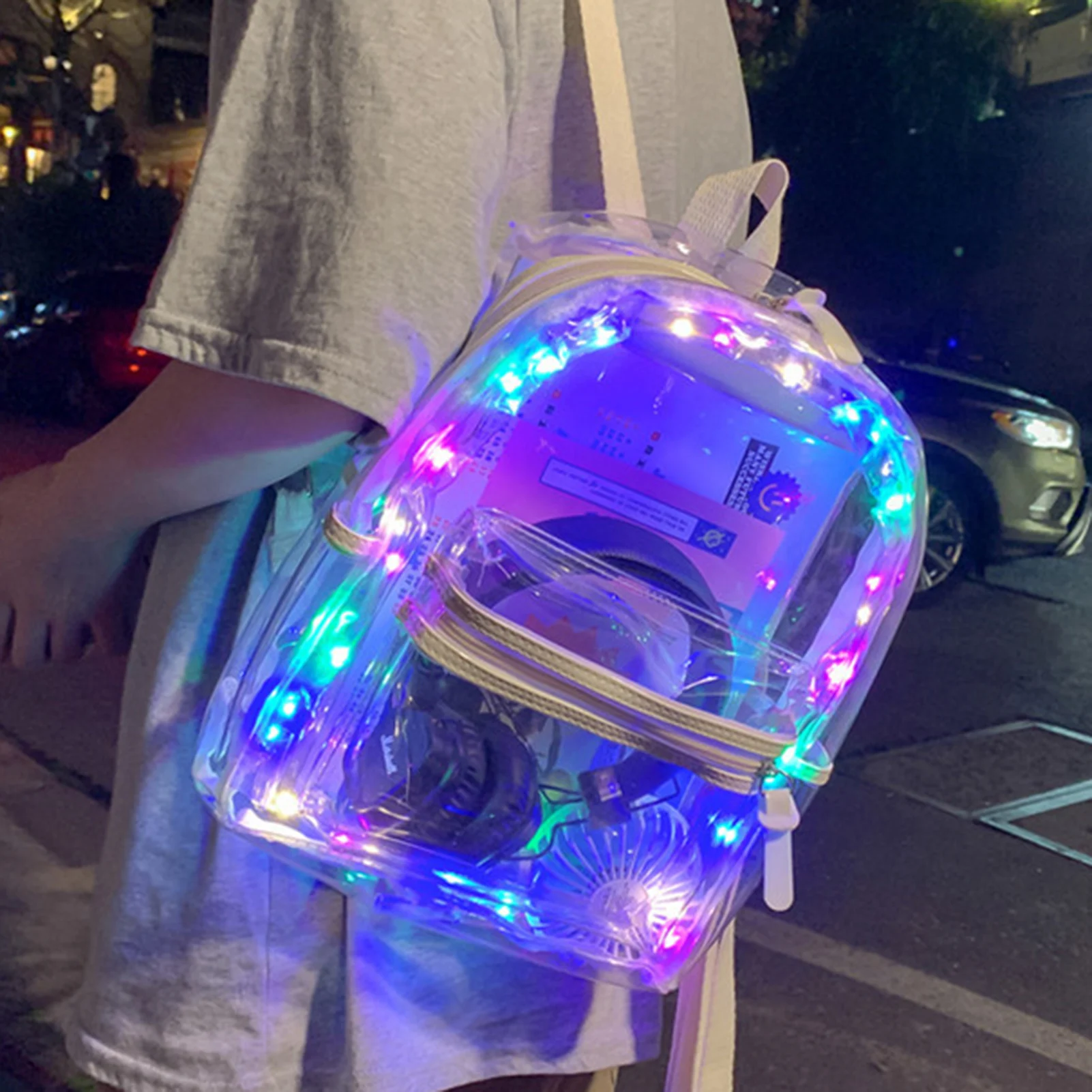 Mochila de PVC transparente com luzes LED, Clear Schoolbag para meninos e meninas, Luminous Night Bag, Outdoor Travel Bag, legal