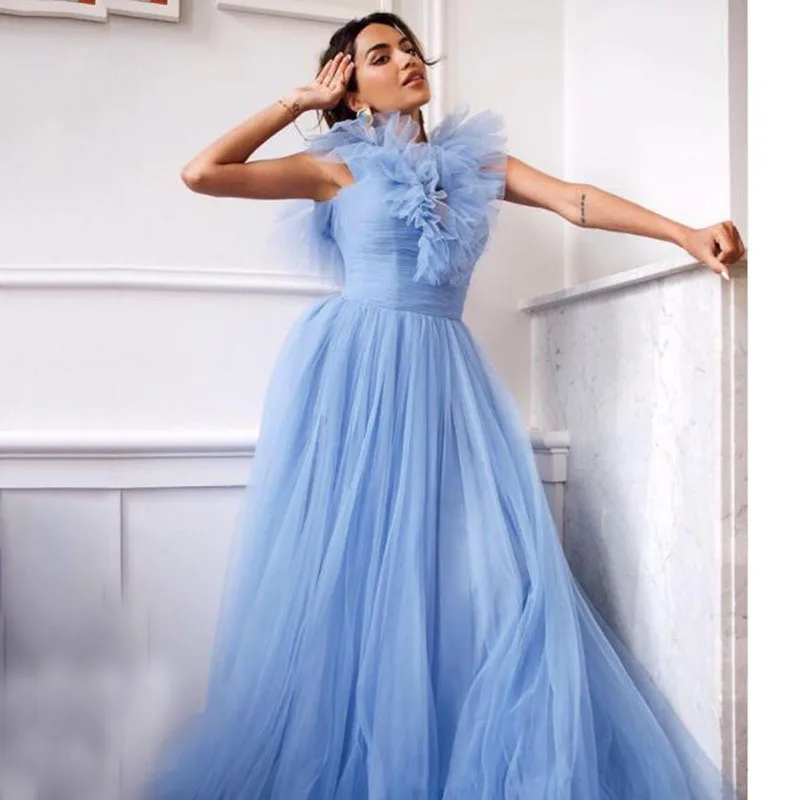 Sodigne 2021 nova tule uma linha longo vestidos de baile alta pescoço plissado elegante formal vestido de festa de casamento da princesa feito sob encomenda