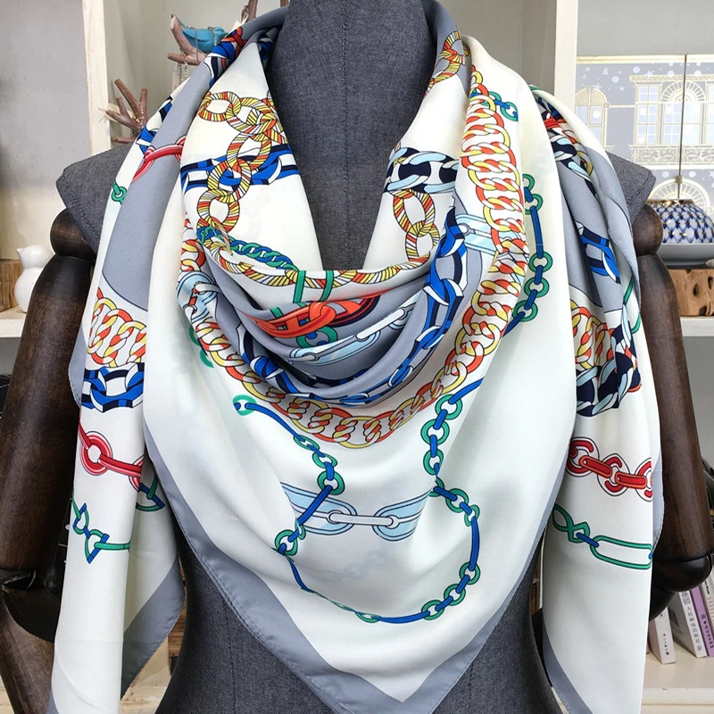 130*130cm Luxury Brand Twill Silk Scarf Women Bandana Square Scarf Design Floral Kerchief Scarves Ladies Fashion Shawls Echarpe