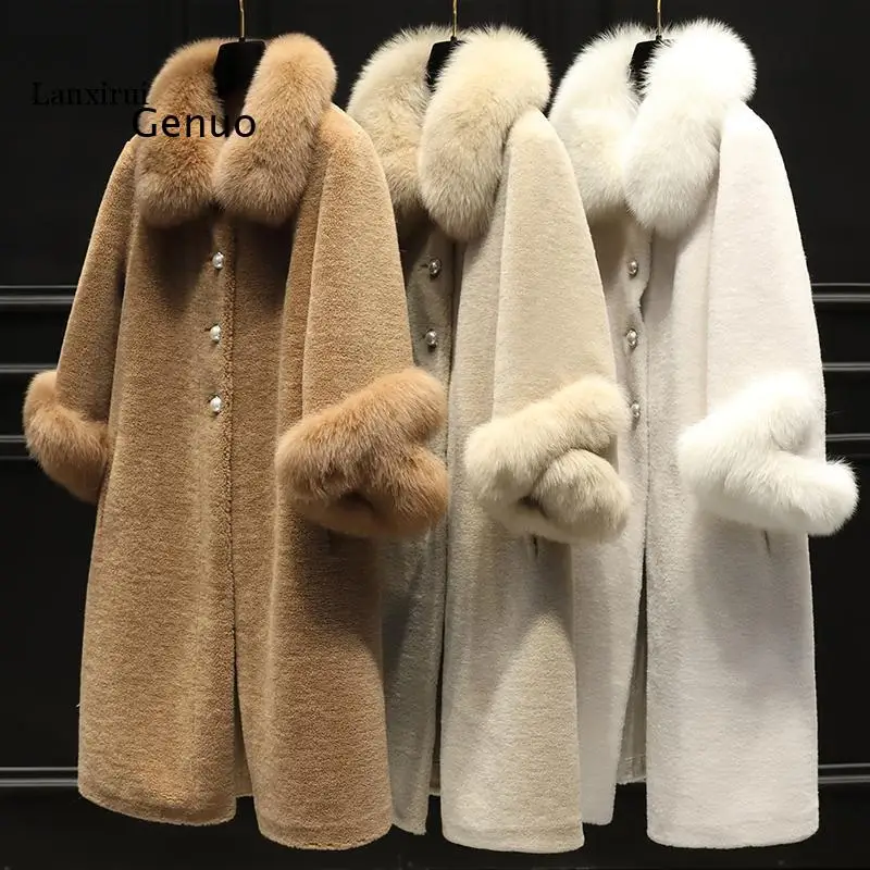 Fashion Women\'s Granules Sheep Skin Suede Fur Coat Ladies Long Coat One Fox Fur Elegant Temperament Coat Female