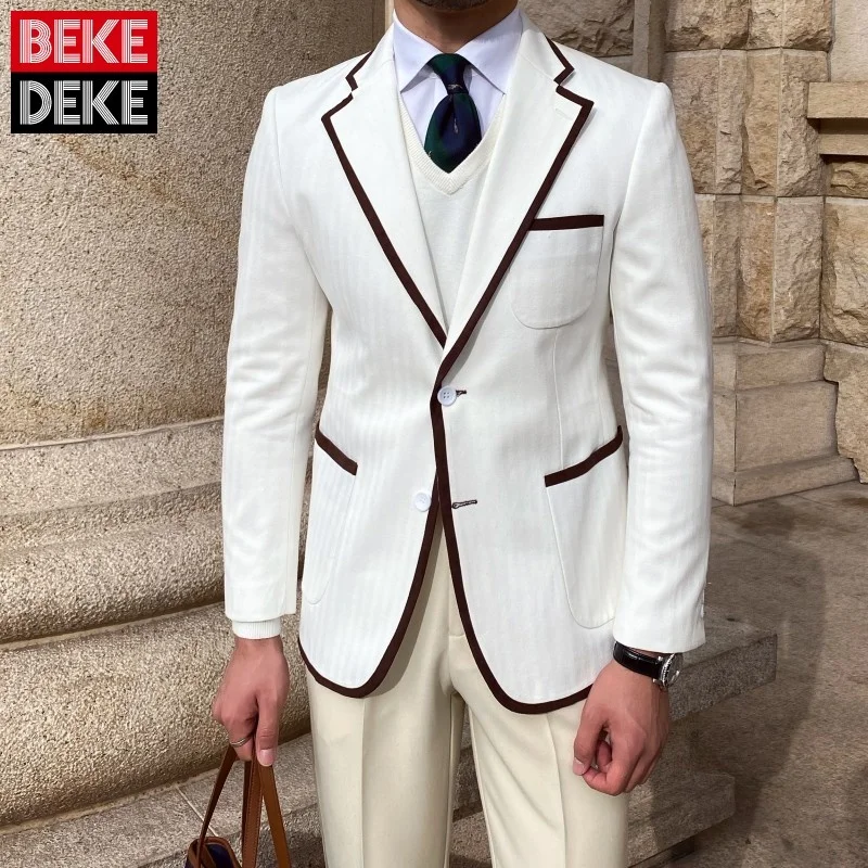 

College British Style Mixed Color Herringbone Suit Jacket Lapel Single-Breasted Multi-Pockets Winter Solid Fit Blazers White