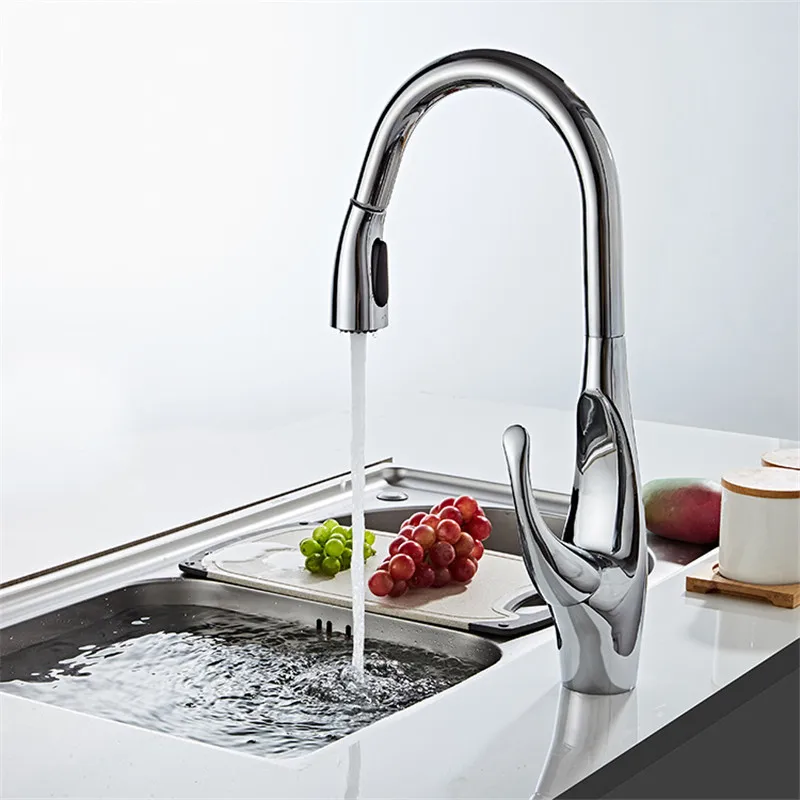 Tuqiu Nickel Kitchen Faucets Chrome Pull Out Kitchen Faucet Tap Single Hole Rotating Sink Faucet Water Mixer Tap Mixer Tap