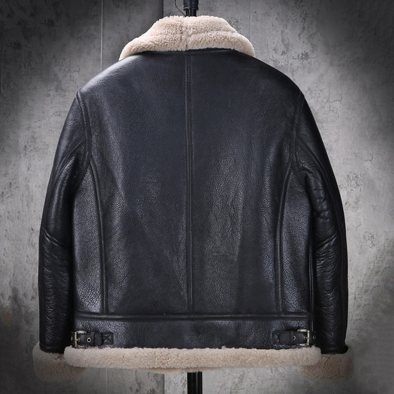 Denny&Dora New Mens B3 Shearling Coat Black Leather Jacket Short Motorcycle Jacket Thicken Fur Coat Sheepskin Coat