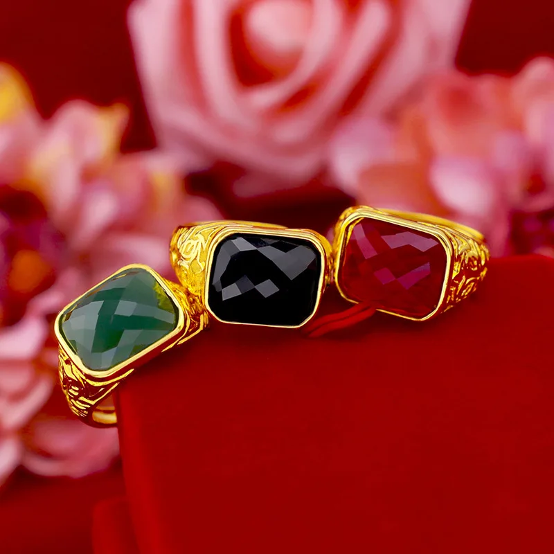 Luxury Fashion 14K Gold Ring for Men Wedding Engagement Jewelry with Big Gemstone Green Emerald Ring Red Jade Stone Male Gifts