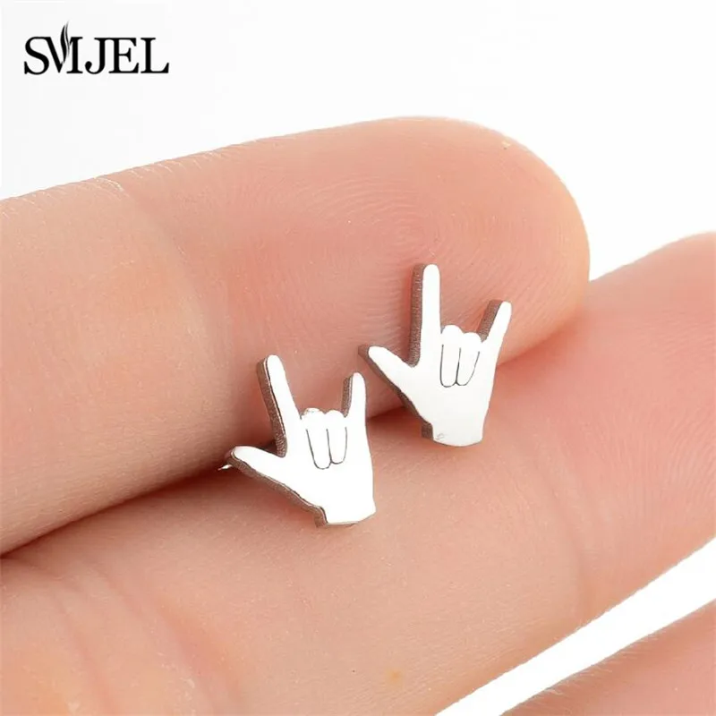 Trend I love You Gestures Earring for Women Stainless Steel Ok Show Your Love Heart Stud Earring Wedding Jewelry Accesories Gift