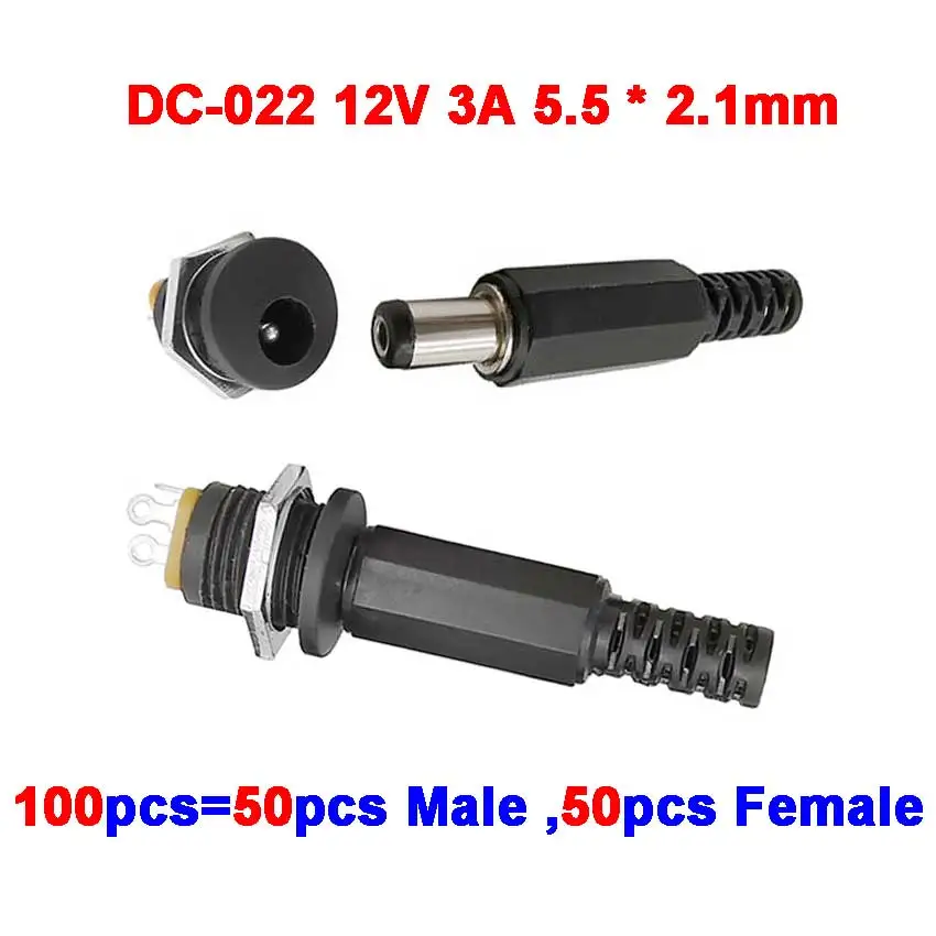 100PCS (50Pairs) 12V 3A 5.5 x 2.1mm Plastic Male Plugs DC022 DC Power Socket Female Jack Screw Nut Panel Mount Connector