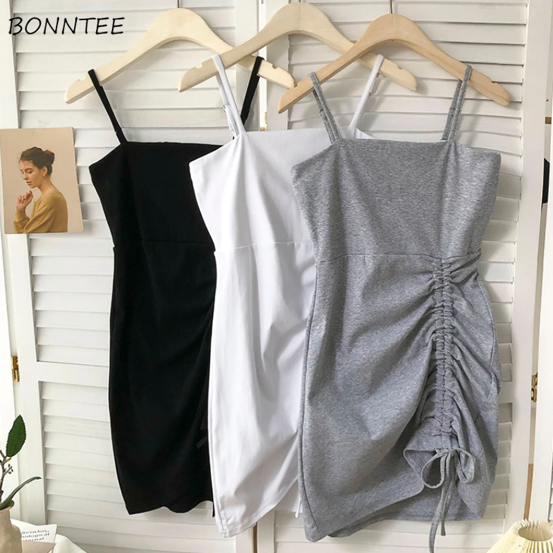 

Sleeveless Dresses Women All-match Pure Color Knee-Length Strapless Summer Chic Shirring Casual Sexy Classic Simple Soft Newest