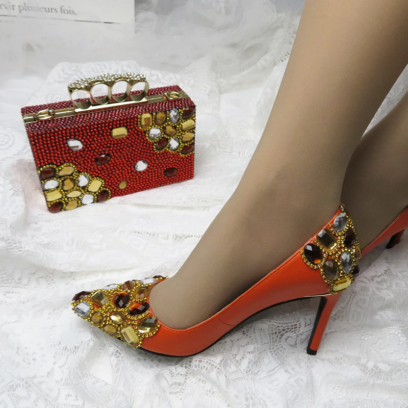 2021 New arrival Orange Crystal Women wedding shoes with matching bags Pointed toe High Pumps fashion ladies shoes and Purse