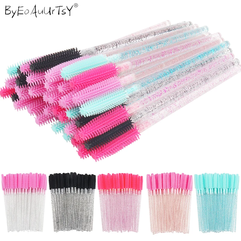 Brosse de maquillage en cristal, poignée en diamant, brosses à sourcils en Gel de Silicone, peigne à cils, Mascara, outils d'extension de cils, 50 pièces