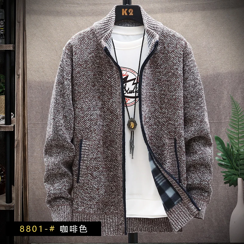 Men's Winter Autumn Fleece Sweater Zipper Cardigan Korean Warm Jacket Coat Sports Male Jumper Knit Clothing Brown Jacket