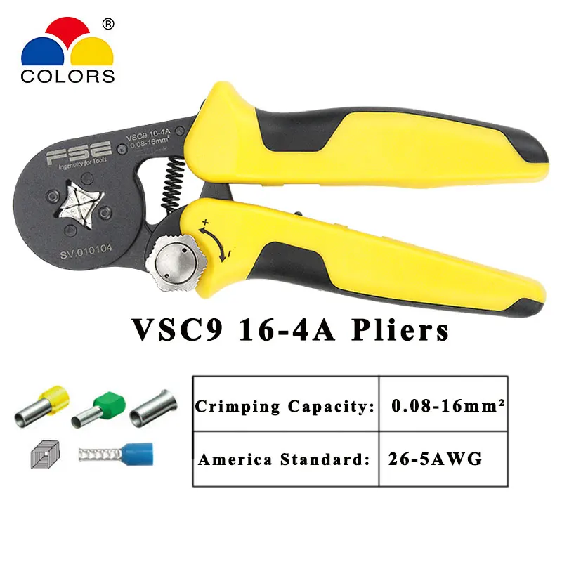 VSC9-16-4A 0.08-16mm^2 23-5AWG Adjustable Precise Crimp Pliers Tube Bootlace Terminal Crimping Hand Tool HSC9-16-4A