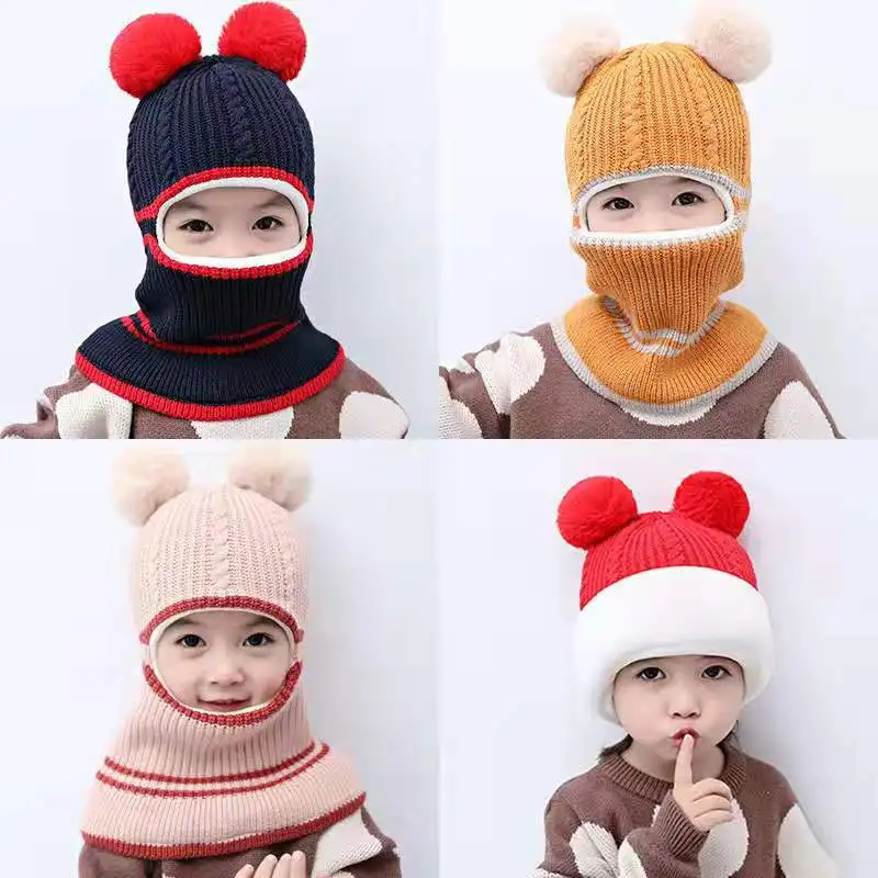 Winter Baby Hat Knit Kids Beanie Hat for Girl Boy Hats Scarf with Cute Headset Pattern Warm Scarf Velvet Lining Caps Baby Cap