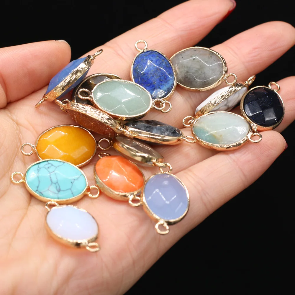 Natural Stone Faceted Two-hole connector Exquisite Charms Oval Pendant For Jewelry Making DIY Necklace Bracelet Accessory