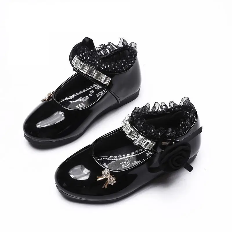 2021 New Flower Girls Shoes Spring Autumn Princess Lace PU Leather Shoes Cute Bowknot Rhinestone For 3-11 Ages Toddler Shoes