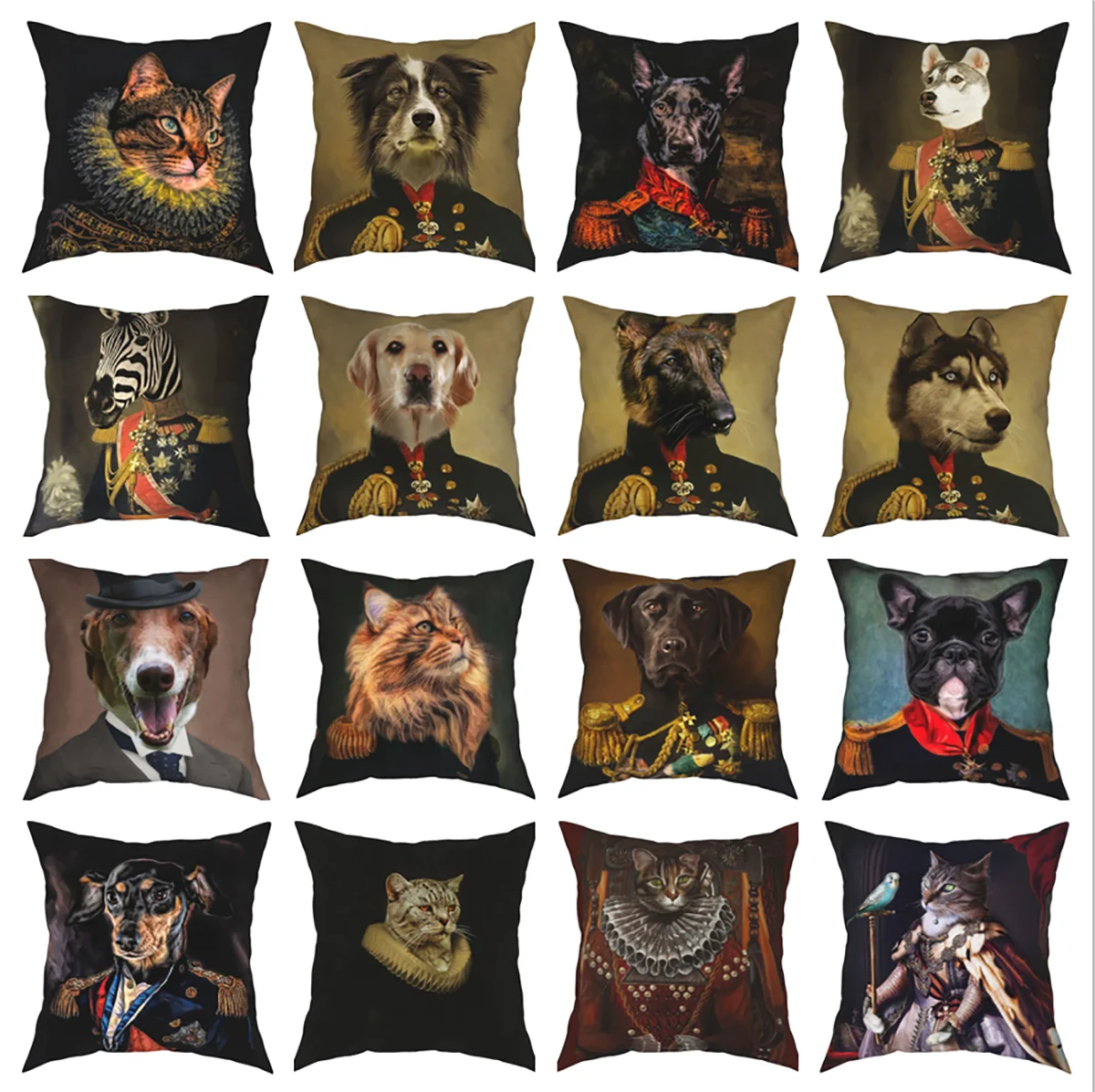 Vintage Royal Art Posters Style Pillowcase Cushion Cover Decorative Dog Cat Horse Animal Army Pillow Case Cover Seat 45*45cm