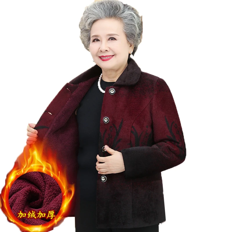 Middle-aged and Elderly Women\'s Coat Winter Jackets Short Imitate Mink Fleece Single-Breasted Thicken Printing Overcoat 5XL