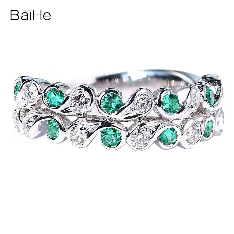 BAIHE Real Solid 14K White Gold Natural Emerald Diamond Ring Women Men Wedding Trendy Fine Jewelry Making Anillo Esmeralda