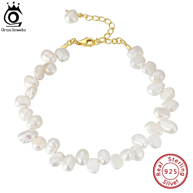 

ORSA JEWELS Baroque Freshwater Pearl Beaded Bracelet 925 Silver for Women Dainty Chain Bracelet Fashion Party Jewelry OGPB02