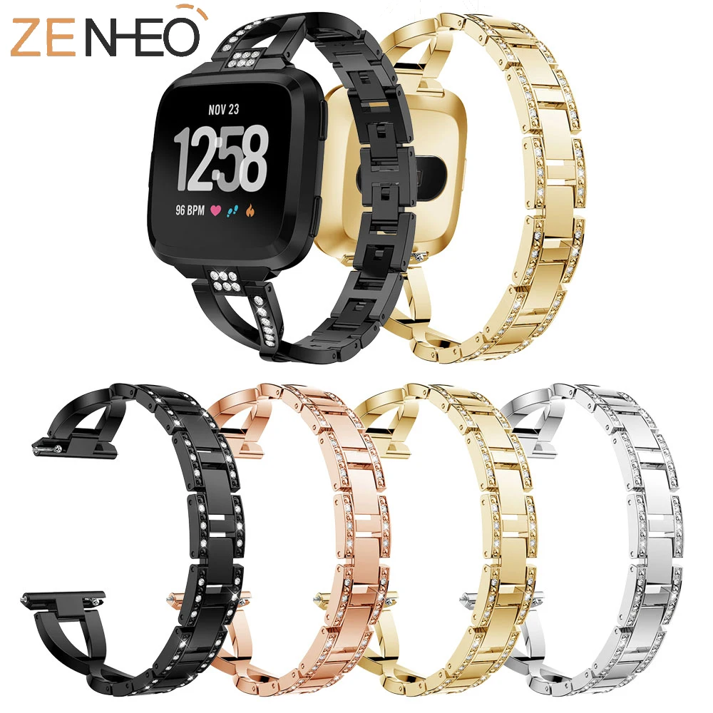 Para fitbit versa pulseira de relógio de pulso de metal pulseira de substituição correa para fitbit versa cinta banda bling strass