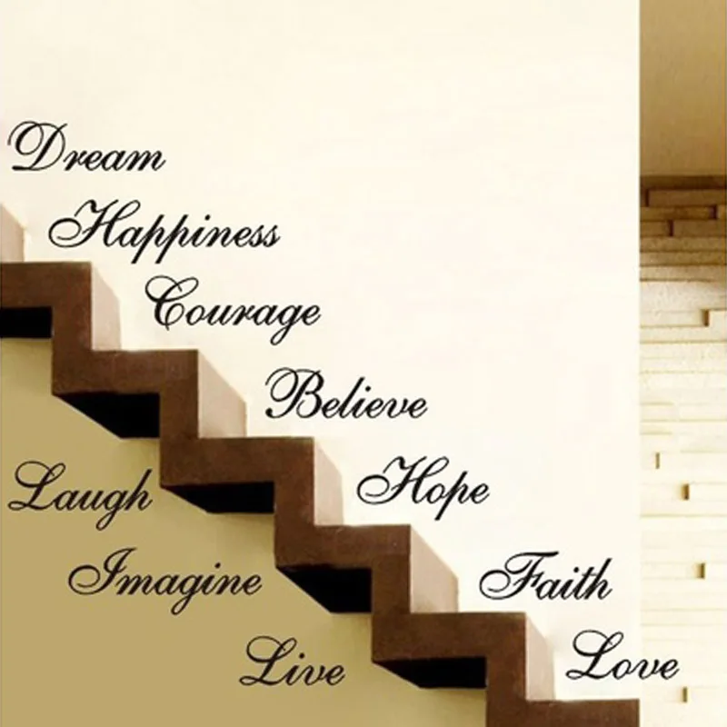 Quote Love Laugh Dream Believe Imagine Faith Courage Happiness Hope Stair Elevator Wall Stickers Vinyl 10 Words Decals DW10158