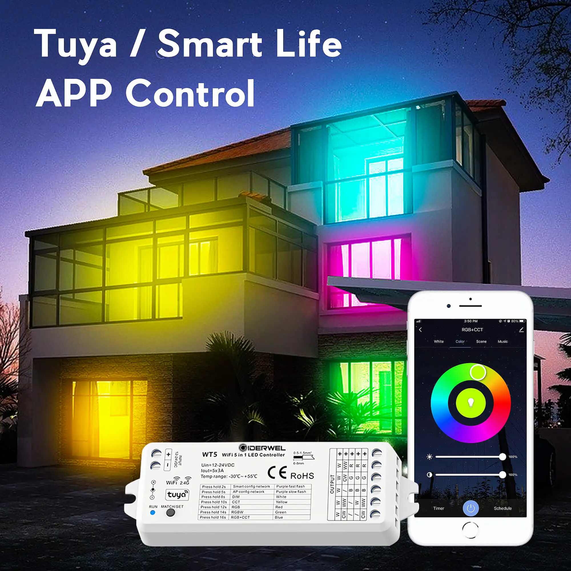 Wifi LED Light Strip DC12V/24V 5 in 1 Dimmer Controller RGB+CW+WW Tuya Voice Cloudy 2.4G RF Remote Control WT5 work with Alexa