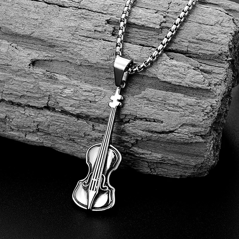 Trend Woman Music Vintage Pendant Jewelry Gift Men’s Girl Boy Stainless Steel Violin Pendant Necklace Antique Steel Color chain