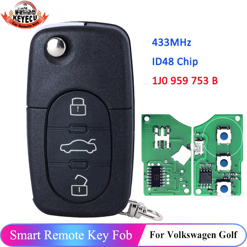 

KEYECU Keyless Entry Remote Key Fob 1J0 959 753 B 433MHz ID48 Chip for VW Volkswagen Passat Golf Bora Beetle Polo 1J0959753B