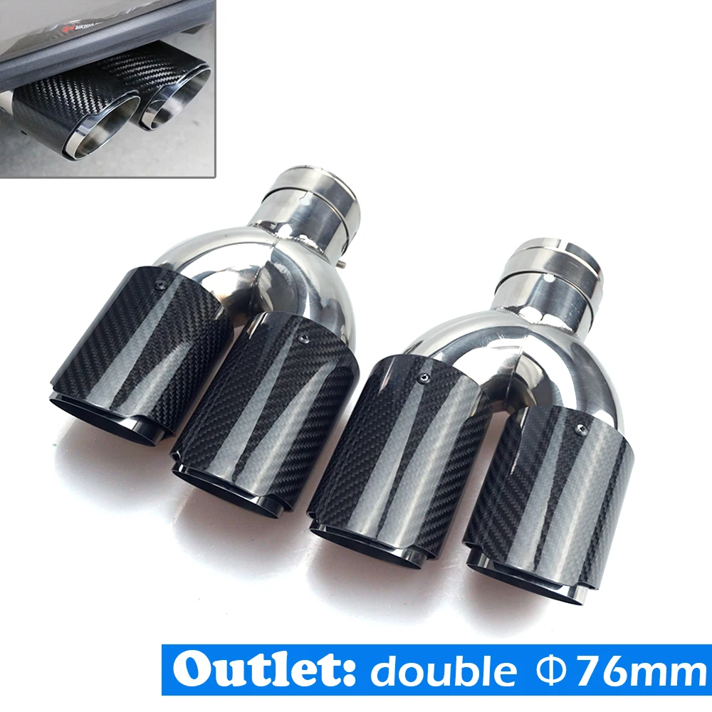 genuine car Auto Accessories double 76mm outlet Real Carbon Fiber Exhaust Pipe Universal Blue plated stainless Muffler Tip pipe