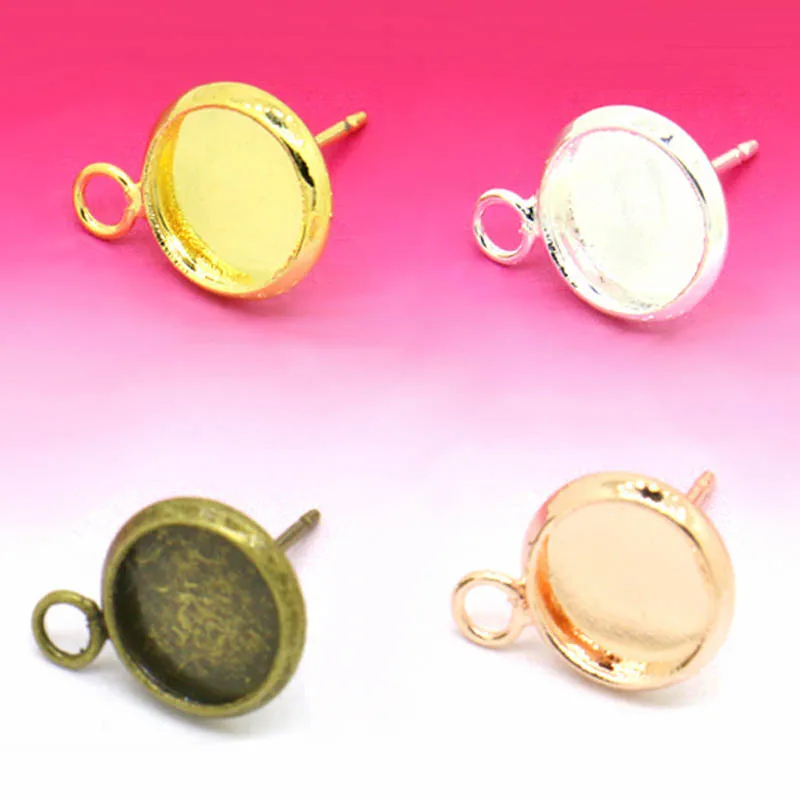 300pcs Multi-color Blank Earrings Post Bases Cabochon Round Bezel a Loop on side Hanging on Dangle Earrings Settings Findings
