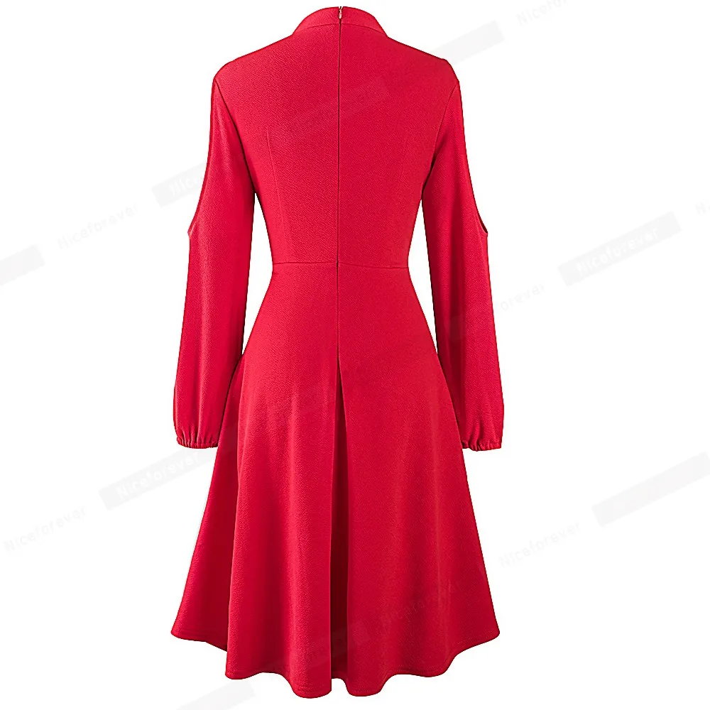 Nice-forever Winter Vintage Solid Color with Cold Shoulder Retro Dresses Cocktail Party Women Flared A-Line Dress A224