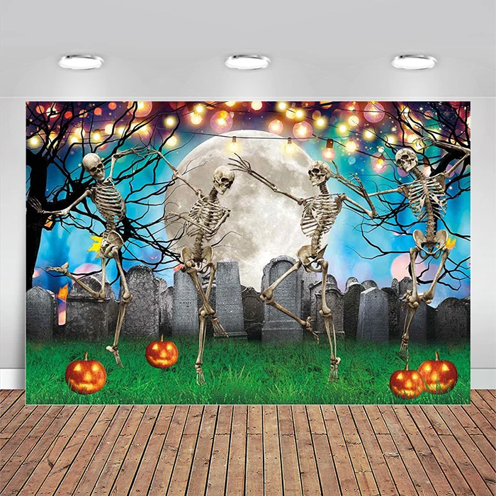 

Halloween Party Backdrop Dancing Skeletons Hallowmas Eve Cemetary Graveyard Pumkins Moon Night Ghost Photography Background