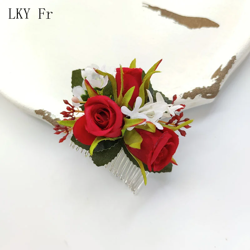 Lky fr-花嫁介添人のヘアピン,花の櫛,白い絹のバラ,結婚式のアクセサリー