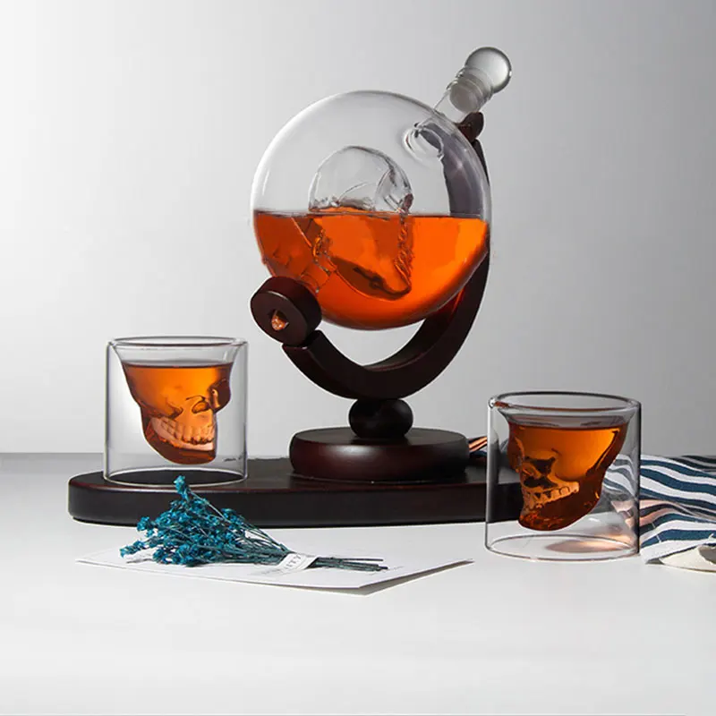 Skull Globe Whiskey Decanter Set Gaopeng Silicon Glass Bottle With Pine Base 2 Small Wine Glasses Vodka And Other Dispensers