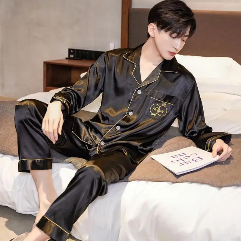 Casual Sleep Set Embroidery Men Pajamas Set Satin Lapel Sleepwear Loose Big Size 2PCS Shirt&Pant Long Sleeve Collar Home Clothes