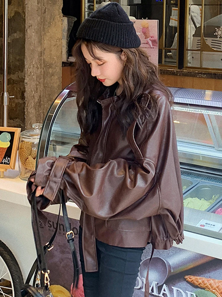 Lautaro Spring Short Oversized Brown Soft Light Faux Leather Jacket Women Long Sleeve Black Loose Autumn Korean fashion 2021