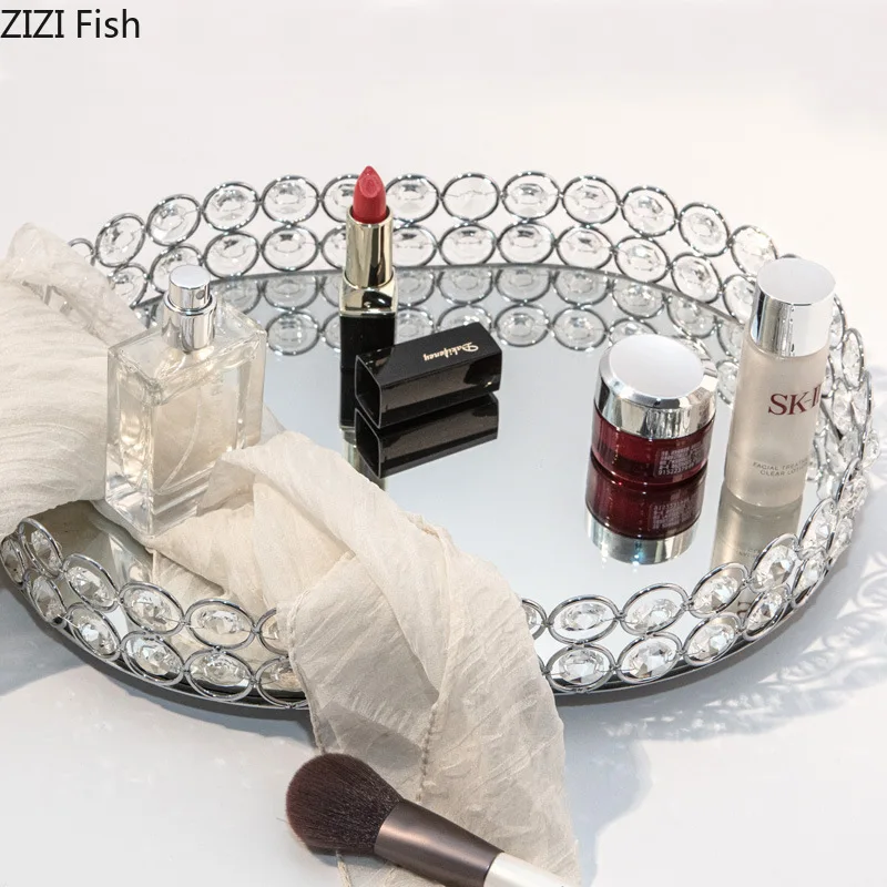 Golden Crystal Mirror Tray Jewelry Storage Box Glass Mirror Cosmetic Rack Desktop Storage Organizing Dishes Wedding Fruit Dish