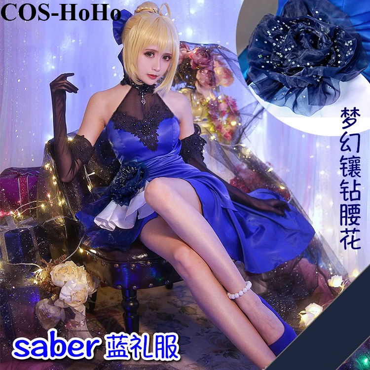 

COS-HoHo Anime Fate/Extella Saber Fashion Sexy Lace Scoop-back Blue Dress Uniform Cosplay Costume Halloween Outfit For Women